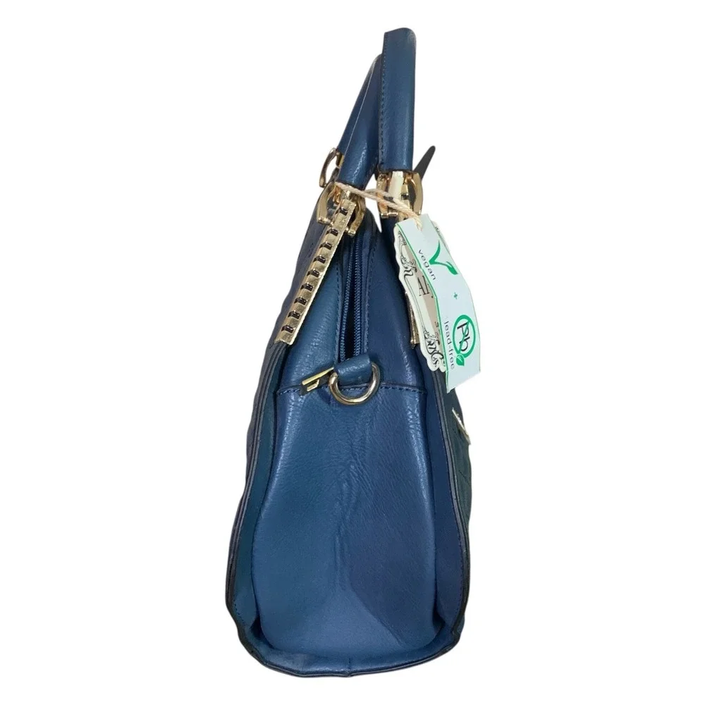 Alyssa Vegan Faux Leather Quilted Satchel Handbag Blue Gold Hardware